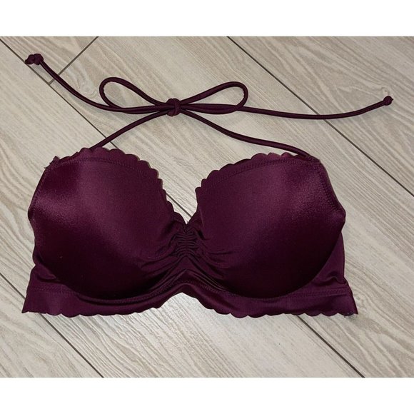 Victorias Secret Swimwear Halter Top Lined Scalloped Underwire Womens 32C Wine - Picture 2 of 6